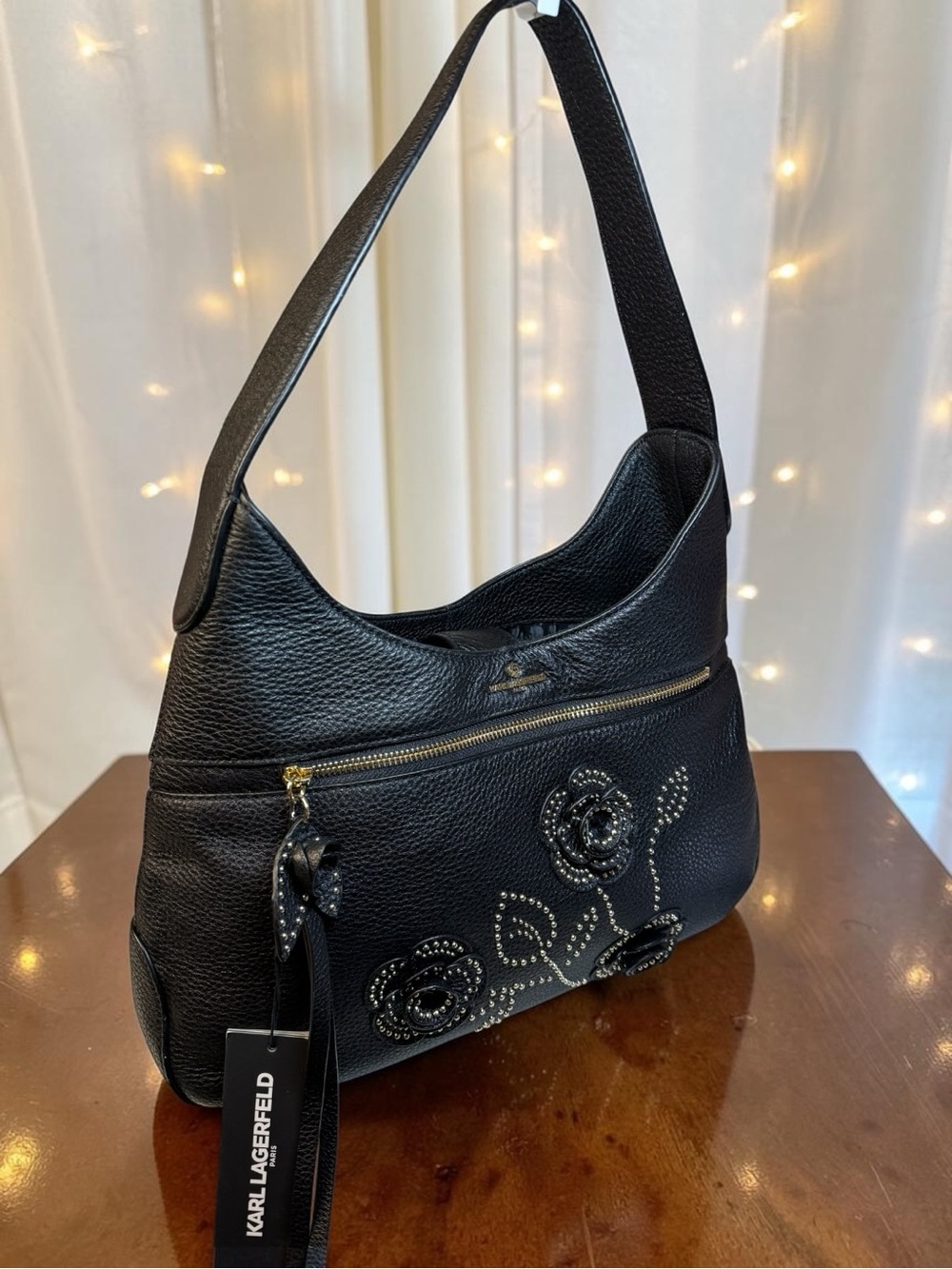 Karl Lagerfeld Paris Studded Floral Leather Shoulder Bag NWT Black - So Soft! - Picture 2 of 12
